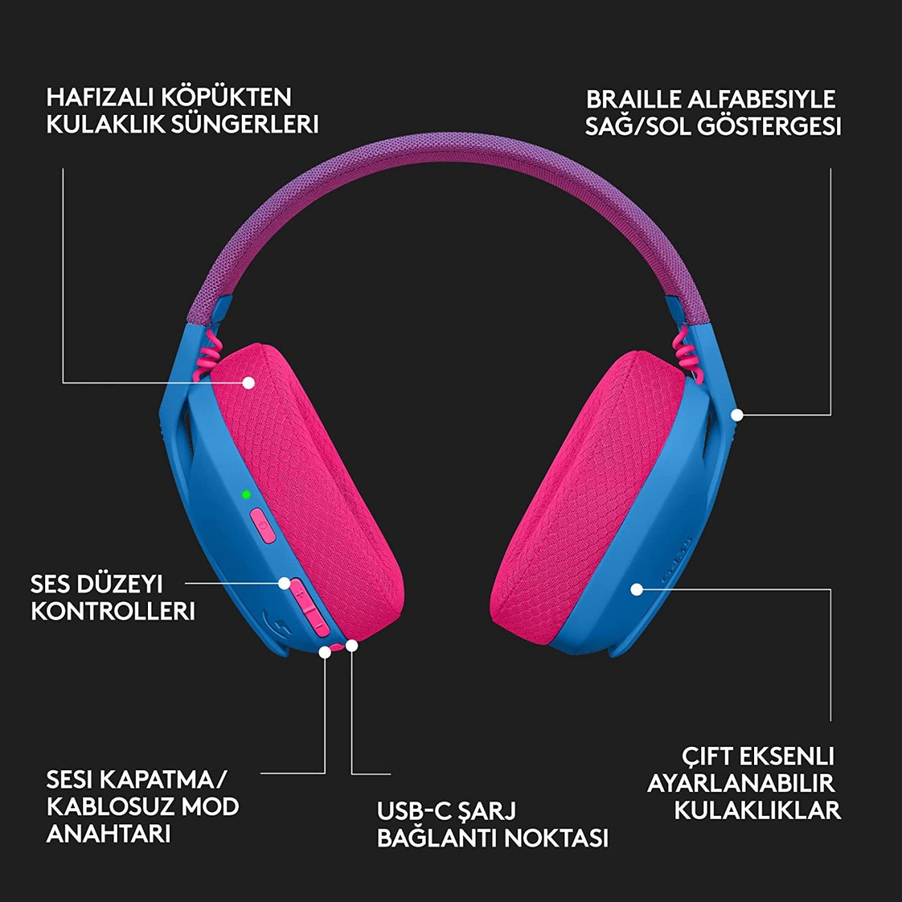 Logitech G435 Ultra Hafif Kablosuz Bluetooth Oyun Kulaklığı Mavi