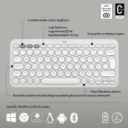 Logitech K380s Pebble Keys 2 Bluetooth Kablosuz Türkçe Q Klavye - Beyaz 920-011860 - Thumbnail