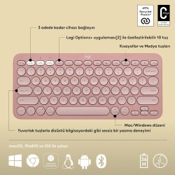 Logitech K380s Pebble Keys 2 Bluetooth Kablosuz Türkçe Q Klavye - Pembe 920-011861 - Thumbnail