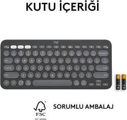 Logitech K380s Pebble Keys 2 Bluetooth Kablosuz Türkçe Q Klavye - Siyah 920-011859 - Thumbnail