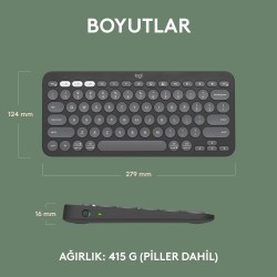 Logitech K380s Pebble Keys 2 Bluetooth Kablosuz Türkçe Q Klavye - Siyah 920-011859 - Thumbnail