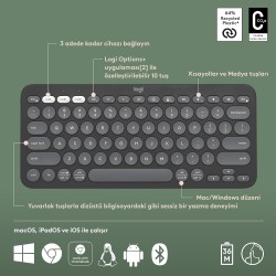 Logitech K380s Pebble Keys 2 Bluetooth Kablosuz Türkçe Q Klavye - Siyah 920-011859 - Thumbnail