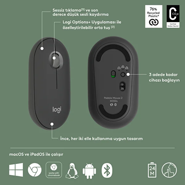 Logitech M350s Pebble 2 Kablosuz Mouse Grafit 910-007015 - Thumbnail