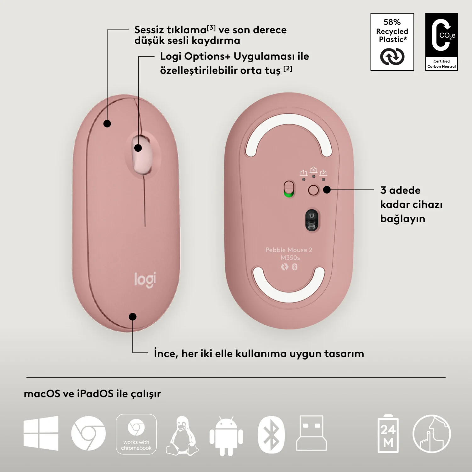 Logitech Pebble 2 Multi-Device Bluetooth Kablosuz Klavye & Mouse Seti Pembe 920-012247 - Thumbnail