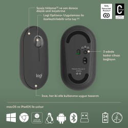 Logitech Pebble 2 Multi-Device Bluetooth Kablosuz Klavye & Mouse Seti Siyah 920-012245 - Thumbnail