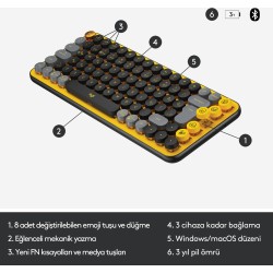 Logitech Pop Keys Blast Özelleştirilebilir Emoji Tuşlu Mekanik Kablosuz Klavye - Sarı&Siyah 920-010818 - Thumbnail