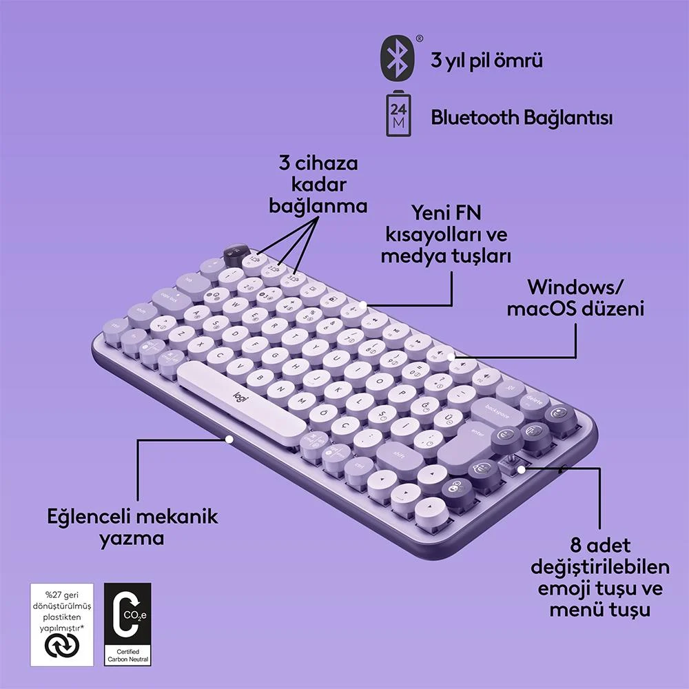 Logitech Pop Keys Lila Özelleştirilebilir Emoji Tuşlu Mekanik Kablosuz Klavye 920-011527 - Thumbnail