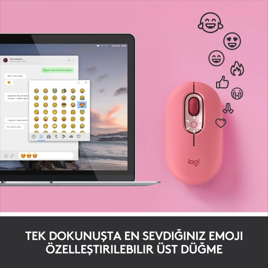 Logitech Pop Mouse Heartbreaker Emoji Tuşlu Sessiz Kablosuz Mouse - Pembe 910-006548 - Thumbnail