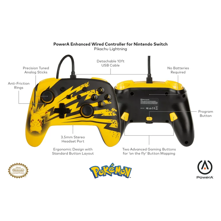 Nintendo Switch PowerA Enhanced Kablolu Oyun Kumandası Pokemon Pikachu Lightning - Thumbnail