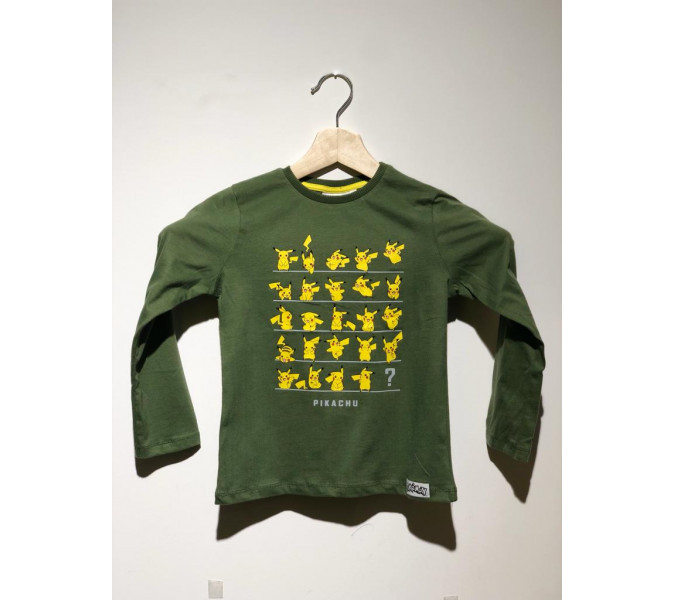 Pikachu Baskılı Uzun Kollu Yeşil Çocuk T-Shirt 6-7 Yaş