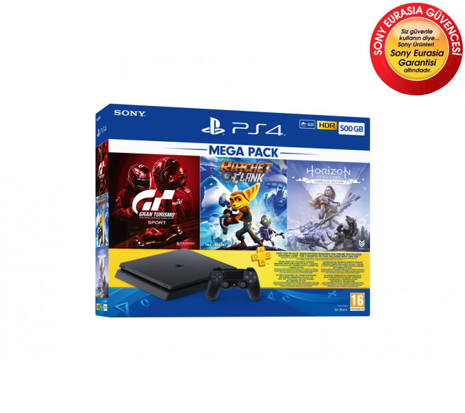 Sony PlayStation 4 Slim Mega Pack + Horizon CE + Gran Turismo Sport + Ratchet and Clank + 3 Aylık Psn Plus